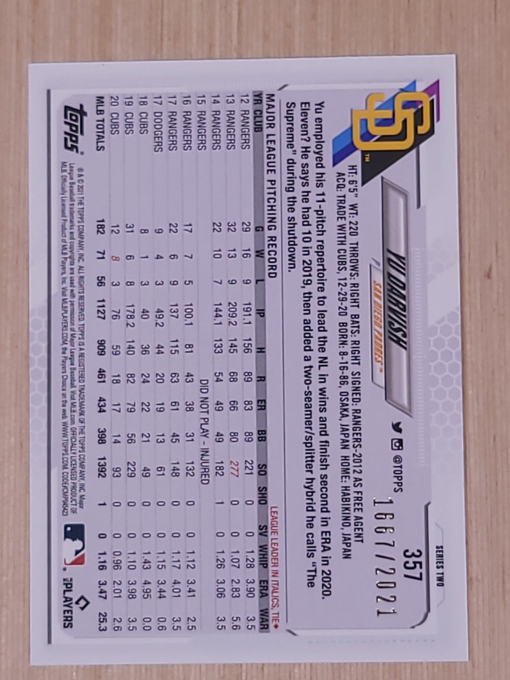2021 Topps - Yu Darvish #357 Bronze 1667/2021