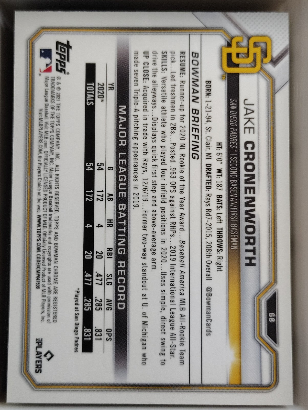 2021 Bowman Chrome - Jake Cronenworth #68