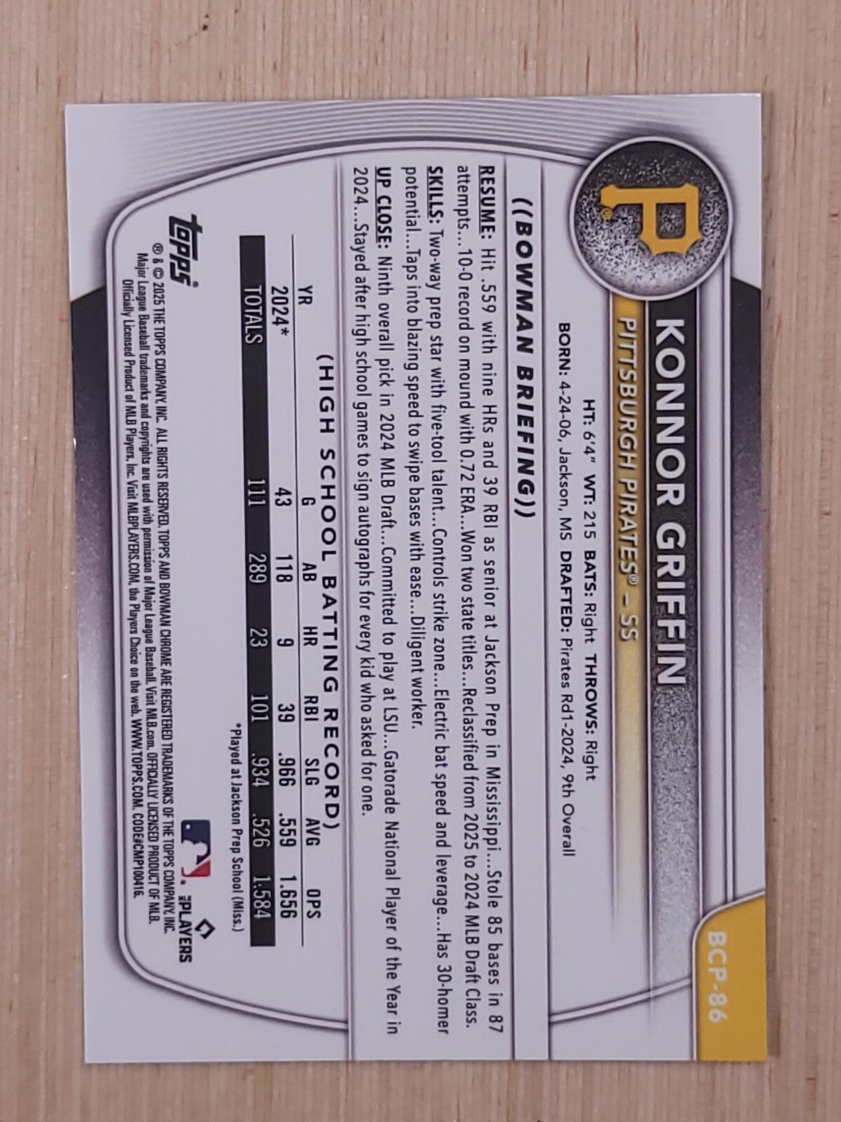 2025 Bowman - Chrome Prospects Konnor Griffin #BCP-86 (RC)