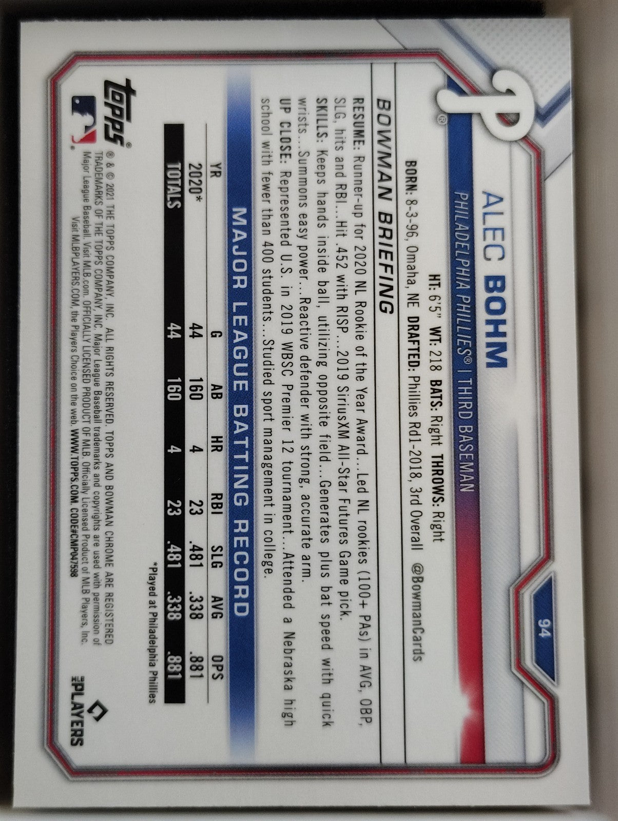 2021 Bowman Chrome - Alec Bohm #94