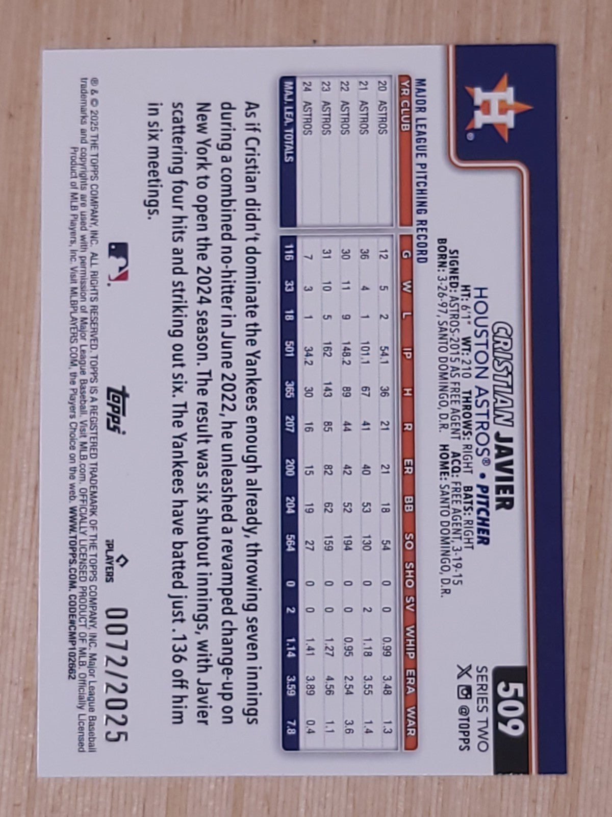 2025 Topps Series 2 #509 Cristian Javier Bronze 0072/2025