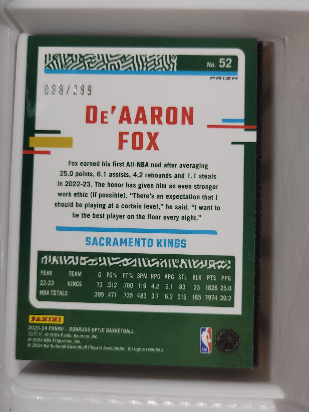 2023-24 Panini Donruss Optic - De'Aaron Fox #52 Red Velocity Prizm 088/299