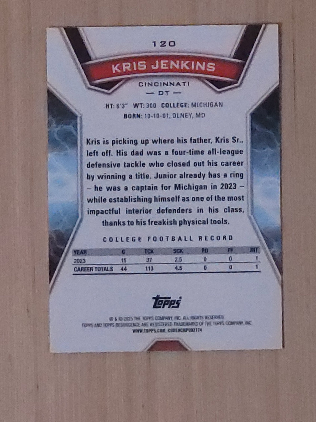 2025 Topps Resurgence 120 Kris Jenkins Blue Laser