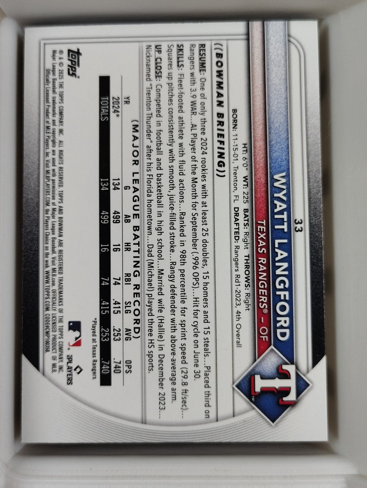 2025 Bowman - Wyatt Langford #33 Blue 133/150