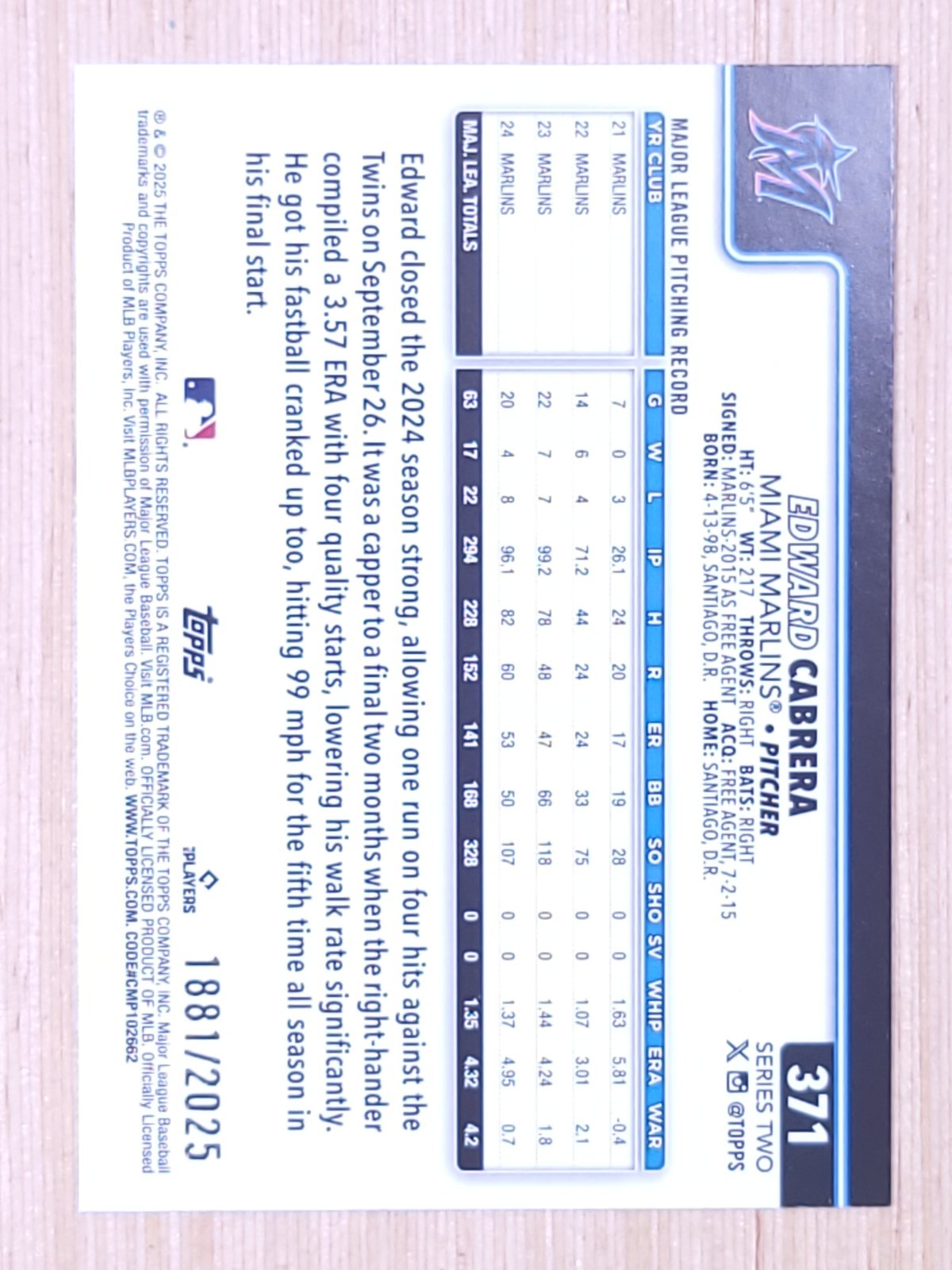 2025 Topps Series 2  Edward Cabrera #371 Bronze 1881/2025