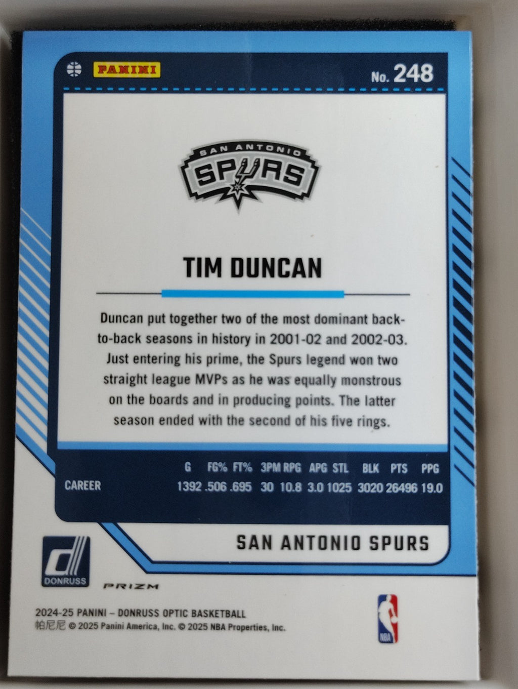 2024-25 Panini Donruss Optic Legends Tim Duncan #248 Purple Shock
