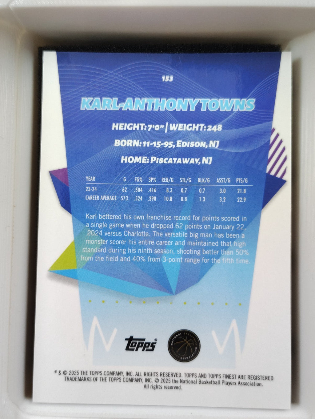 2024-25 Topps Finest Karl-Anthony Towns #153 Blue Checkerboard Refractor 20/75