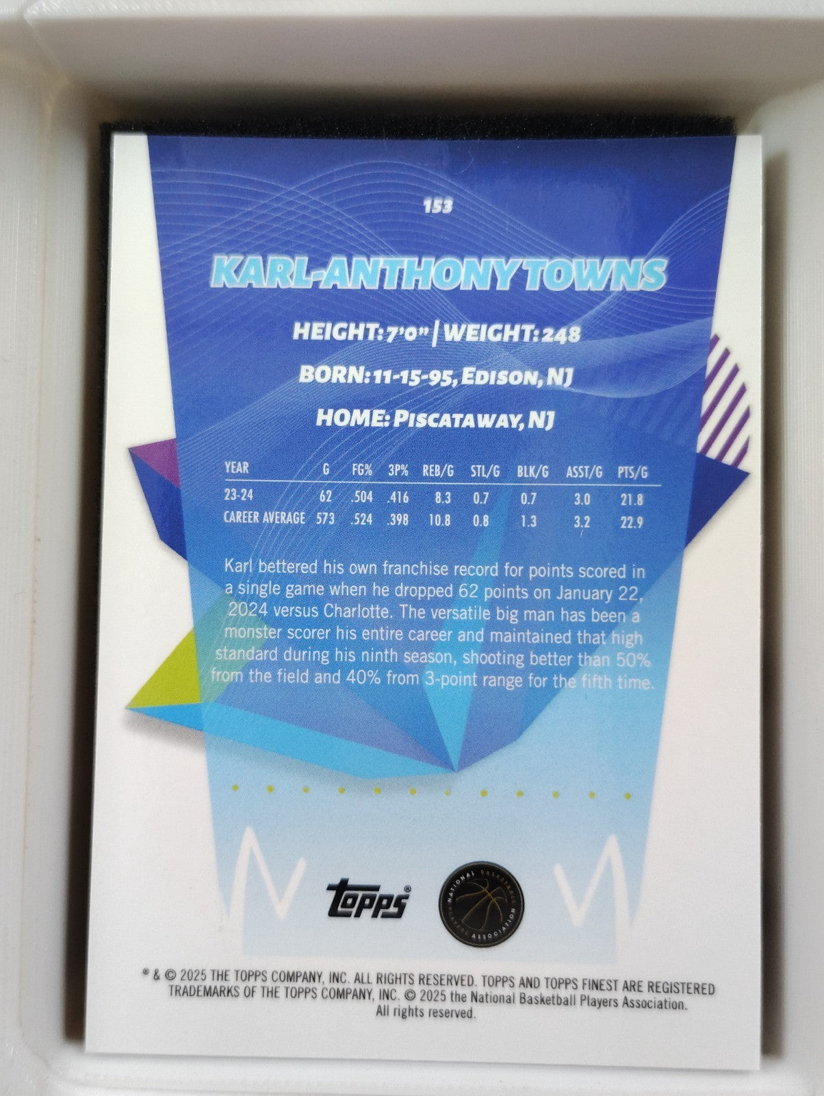 2024-25 Topps Finest Karl-Anthony Towns #153 Blue Checkerboard Refractor 20/75