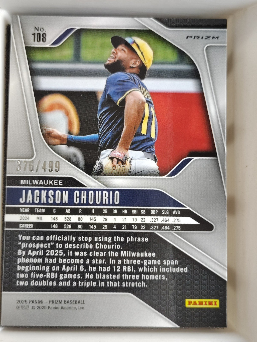 2025 Panini Prizm #108 Jackson Chourio 376/499 Pulsar