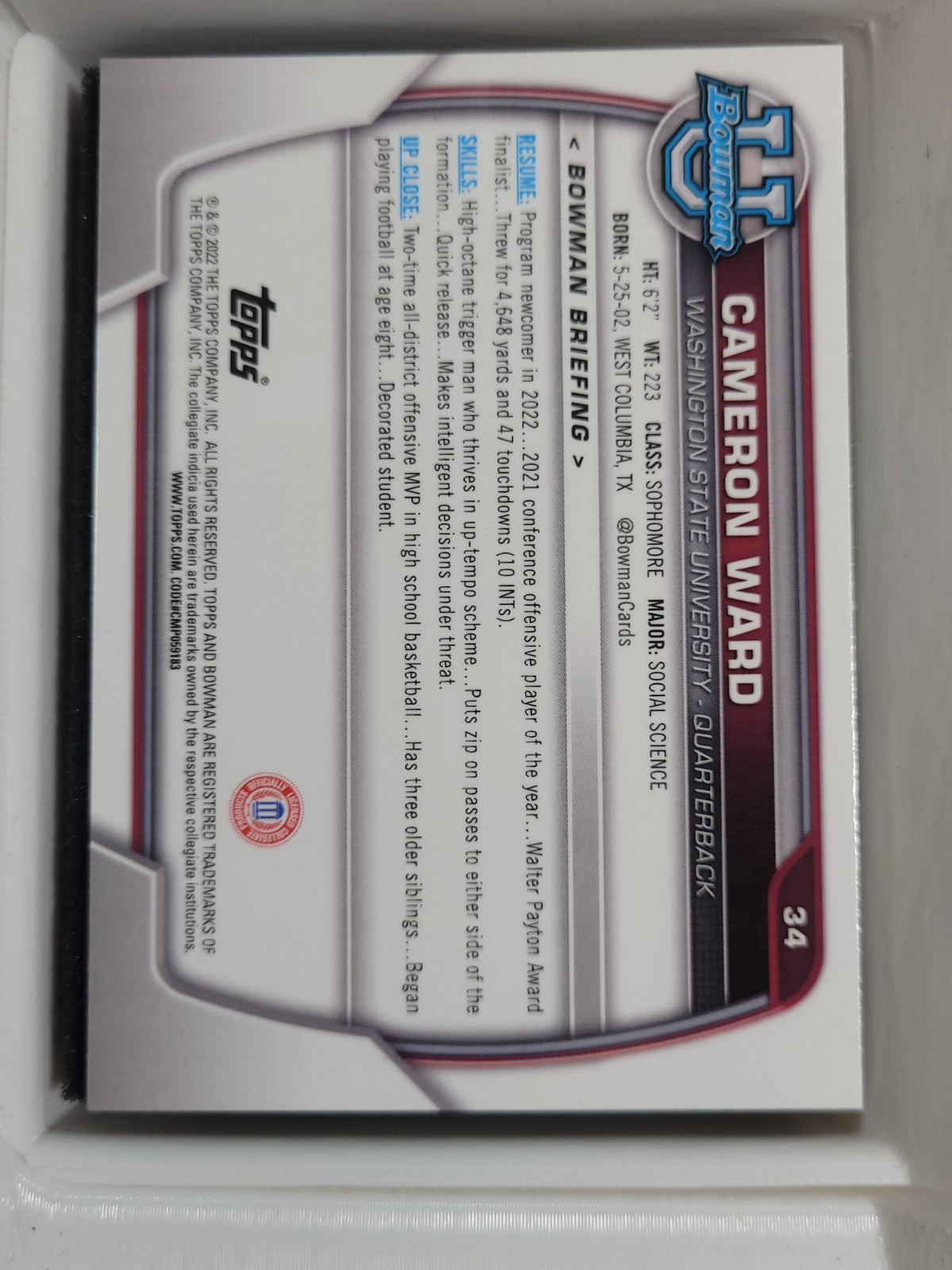 2022 Bowman University Chrome - Cameron Ward #34