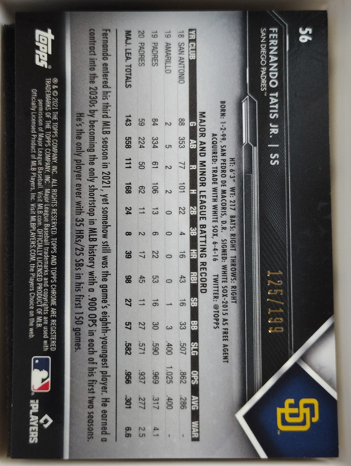 2021 Topps Chrome Black #56 Fernando Tatis Jr. Refractor 125/199