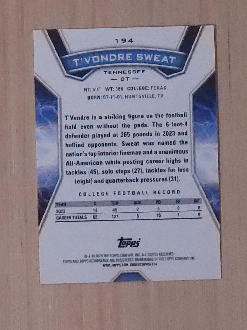 2025 Topps Resurgence 194 T'vondre Sweat Blue Circles