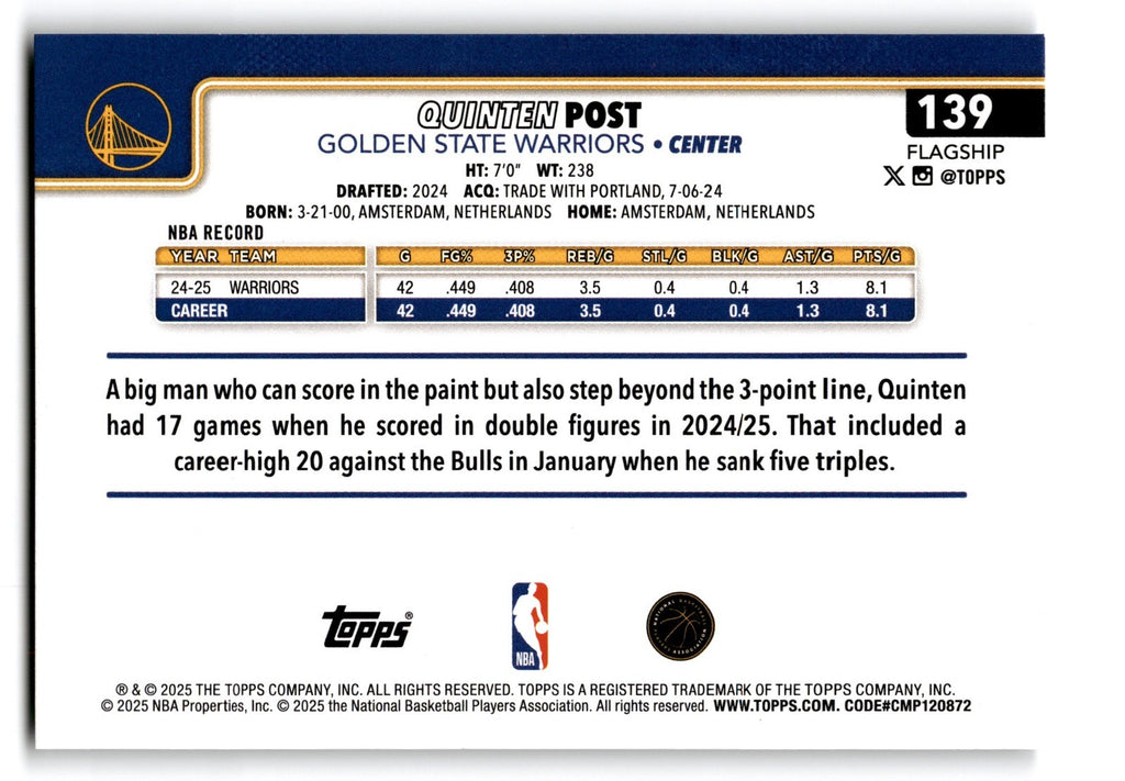 2025-26 Topps Quinten Post #139 Logo Foil