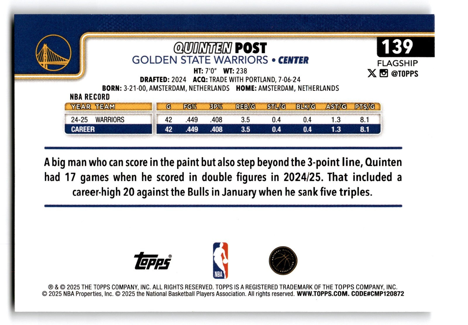 2025-26 Topps Quinten Post #139 Logo Foil