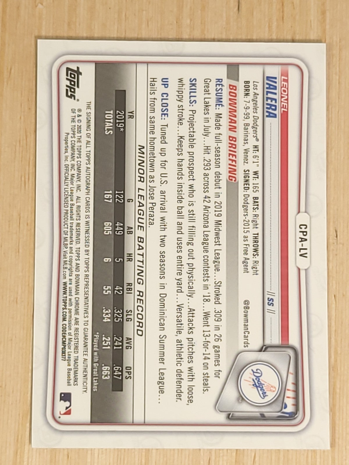2020 Bowman Chrome #CPA-LV Leonel Valera Auto Ice 054/100