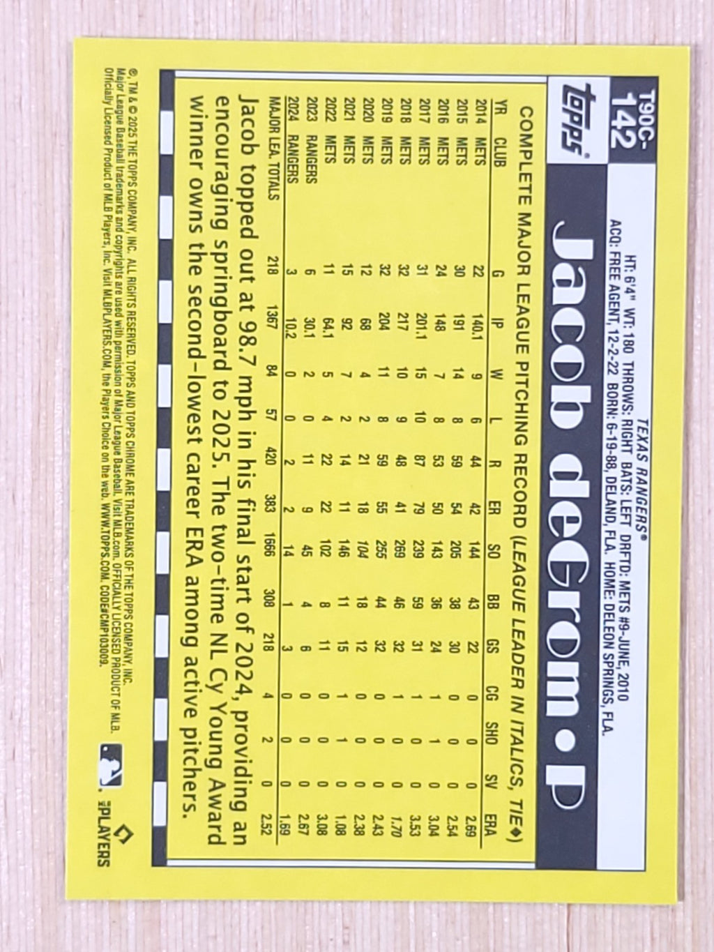 2025 Topps #T90C-142 Jacob DeGrom Mojo