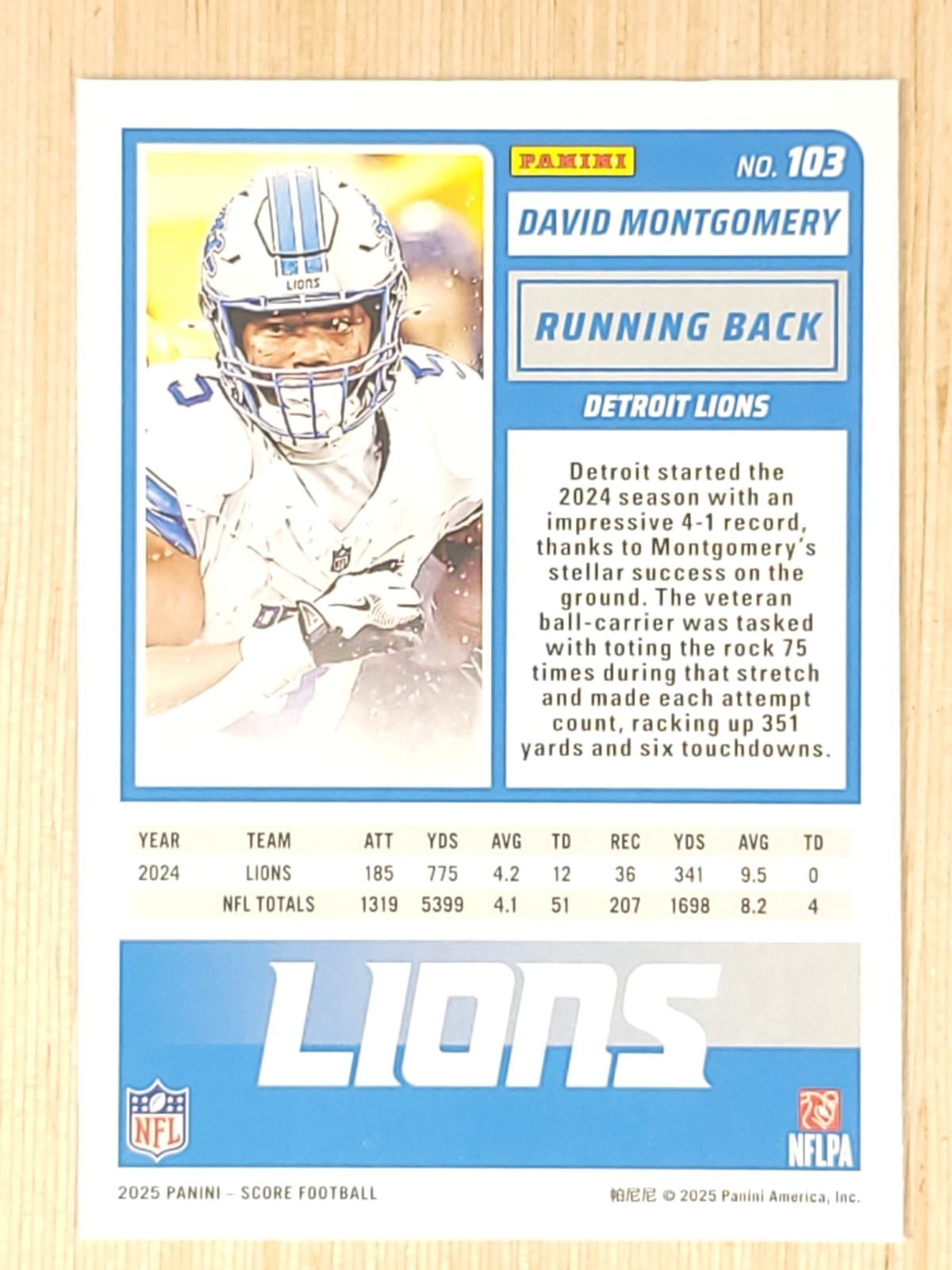2025 Score - David Montgomery #103 Scorecard