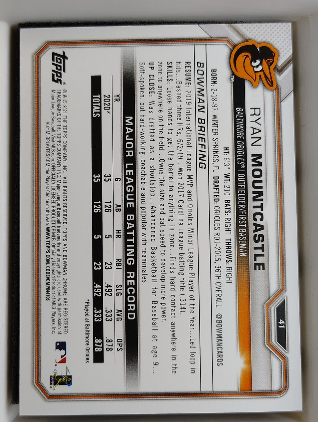 2021 Bowman #41 Ryan Mountcastle 122/250 Purple