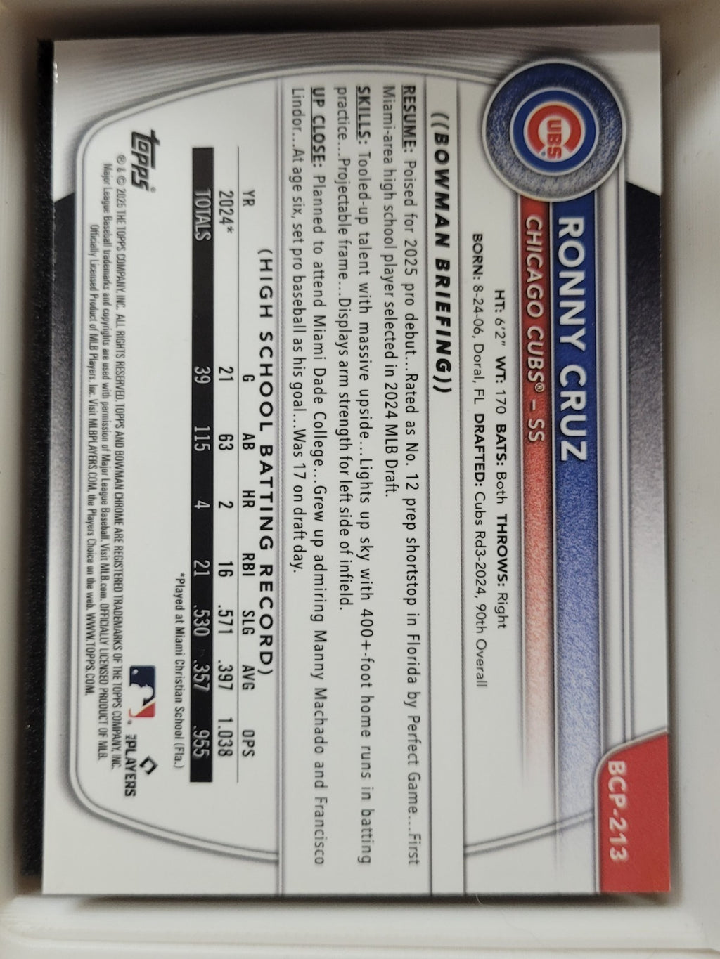 2025 Bowman Chrome Ronny Cruz #BCP-213 Mojo Refractor