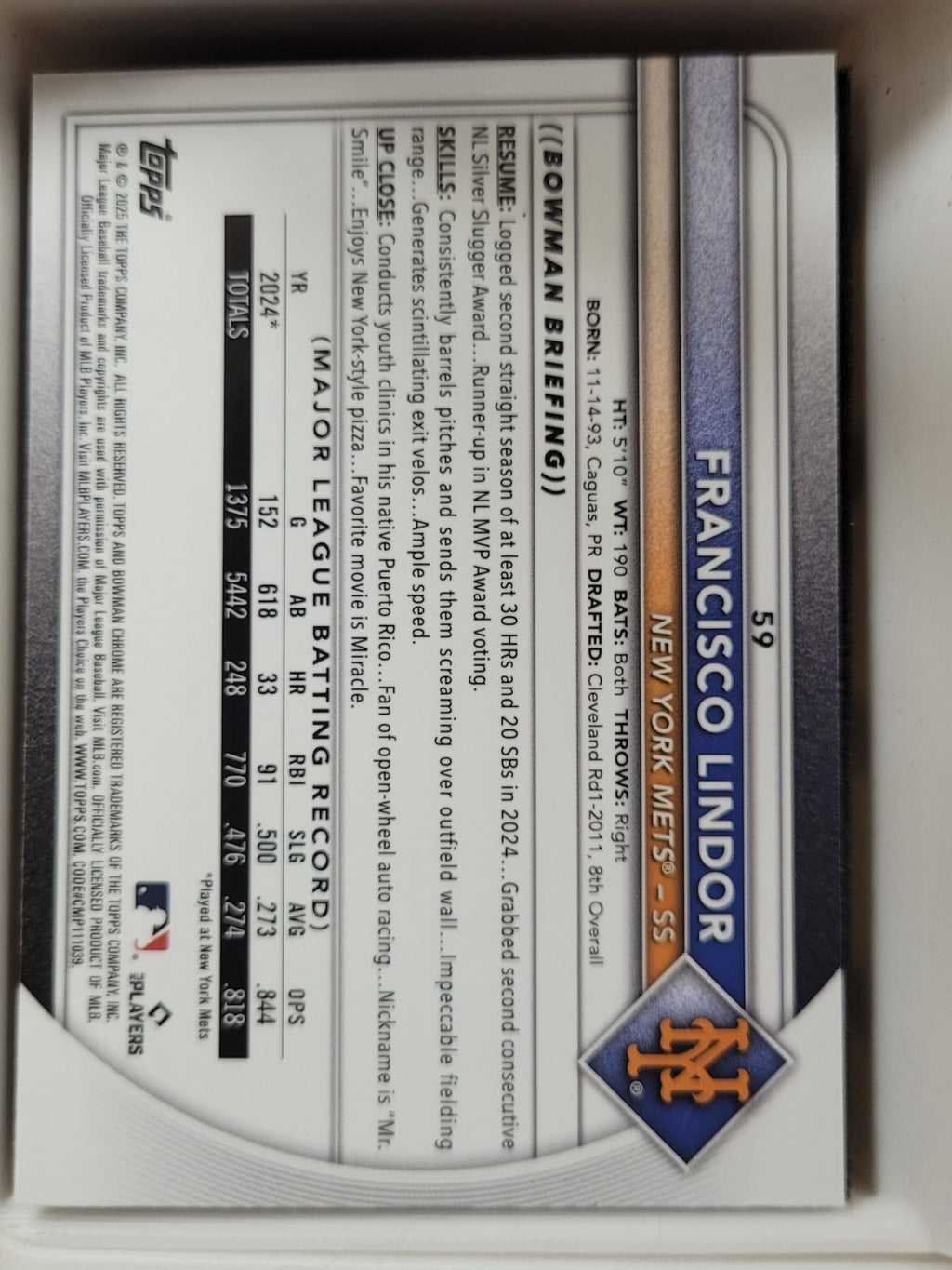 2025 Bowman Chrome Francisco Lindor #59 Chrome Mojo Refractor