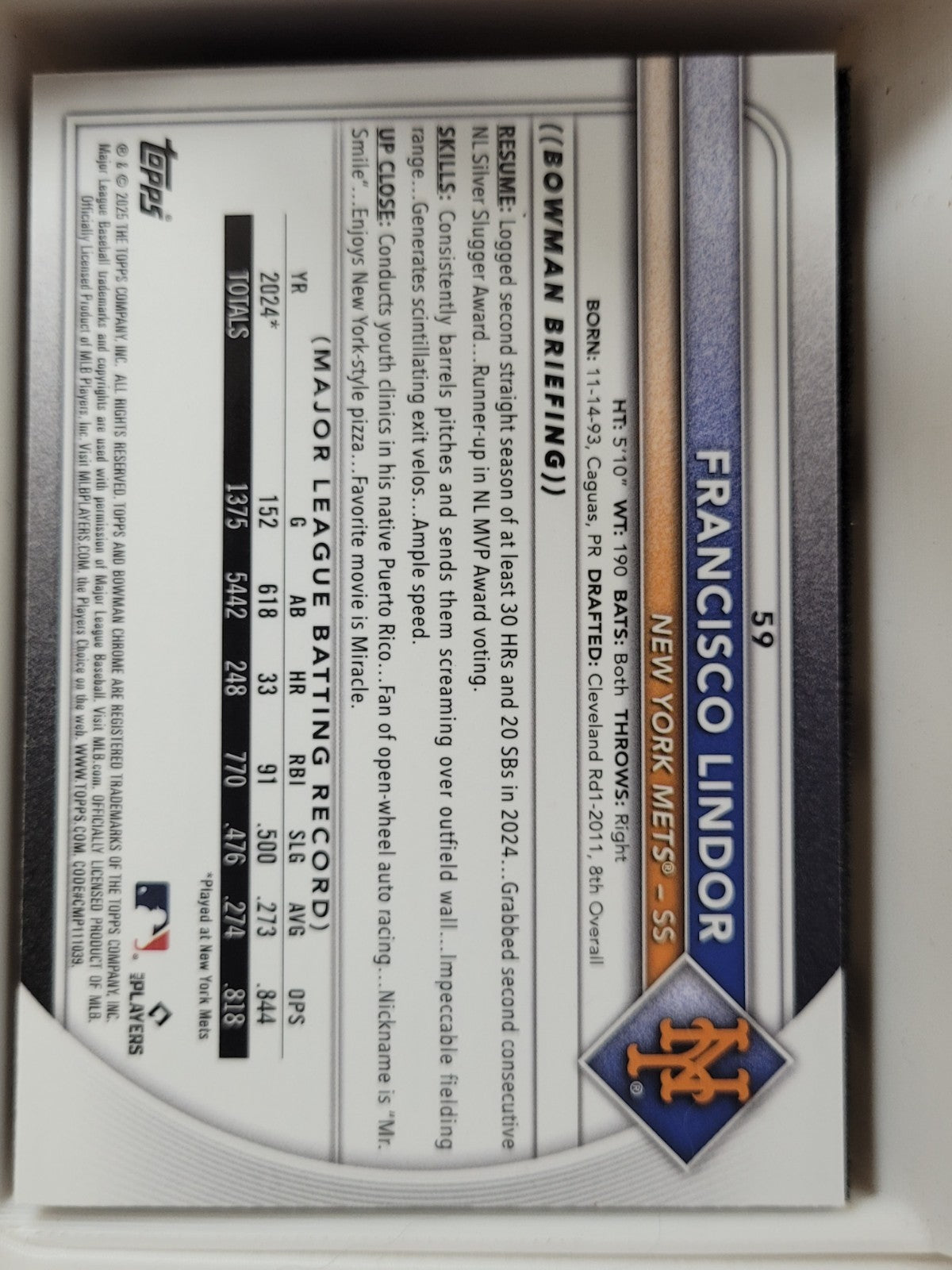 2025 Bowman Chrome Francisco Lindor #59 Chrome Mojo Refractor