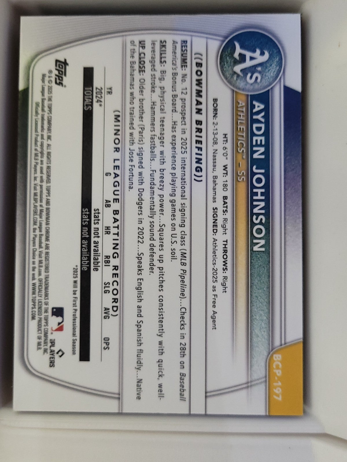 2025 Bowman Chrome Ayden Johnson #BCP-197 Mojo Refractor