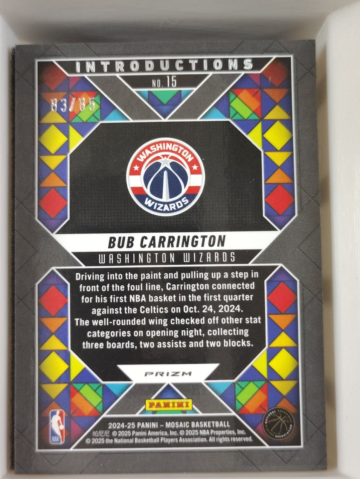 2024-25 Panini Mosaic Introductions #15 Bub Carrington Blue Fast Break 83/85
