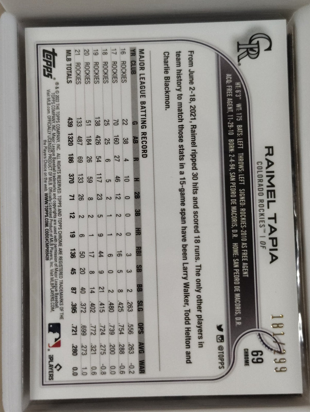 2022 Topps Chrome - Raimel Tapia #69 Purple Yellow Sonic 181/299