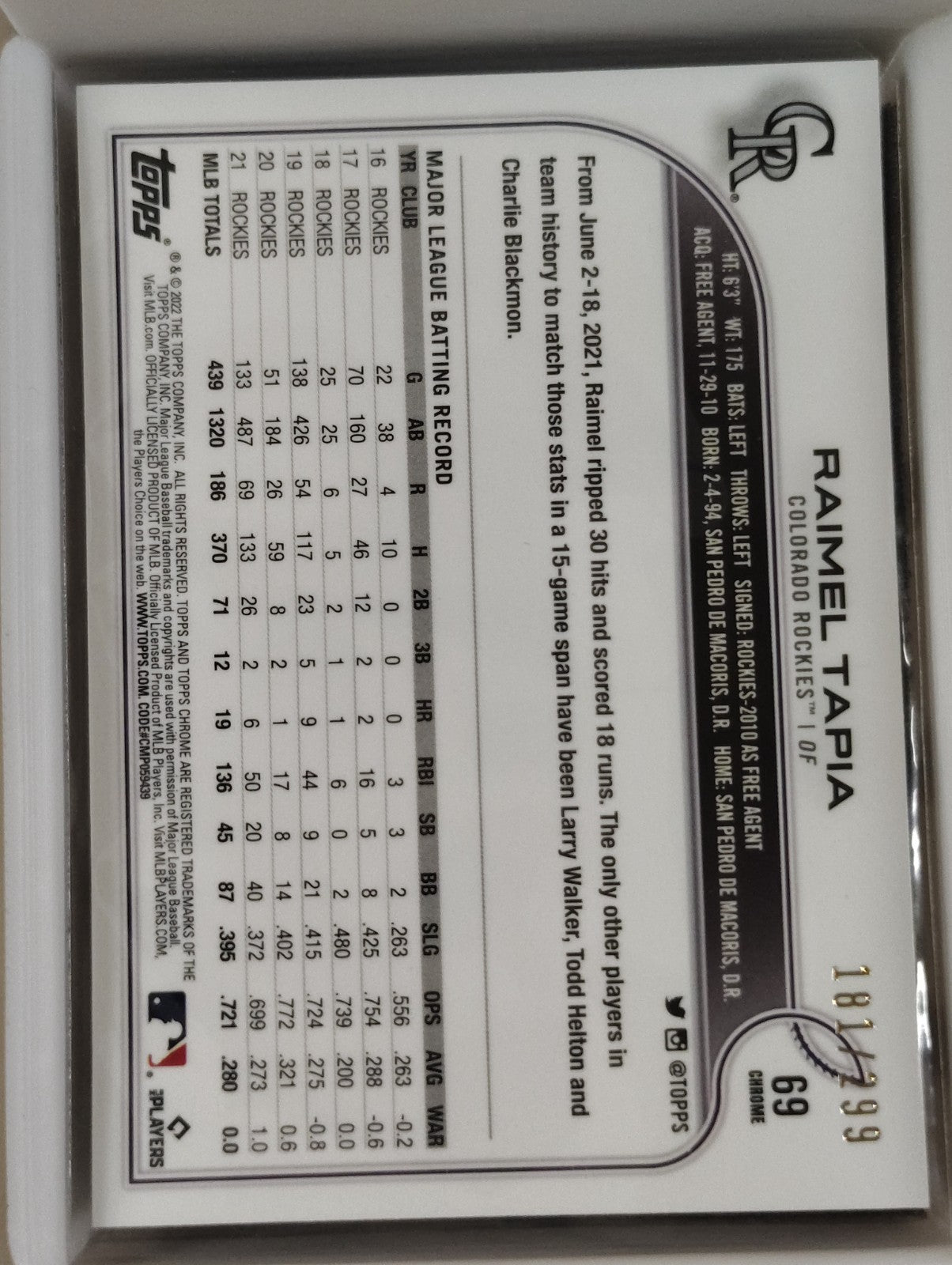 2022 Topps Chrome - Raimel Tapia #69 Purple Yellow Sonic 181/299