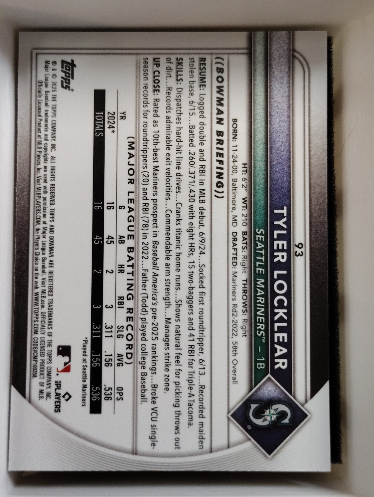 2025 Bowman Chrome #93 Tyler Locklear Red RC Redemption