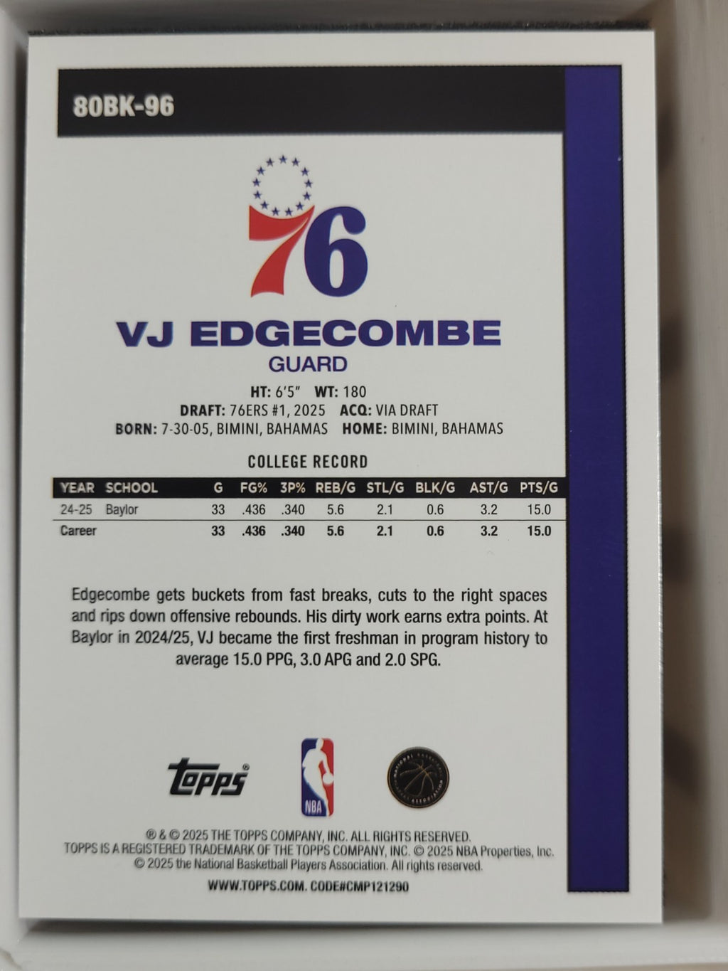 2025-26 Topps Basketball 45th Anniv. 80BK-96 VJ Edgecombe Foil
