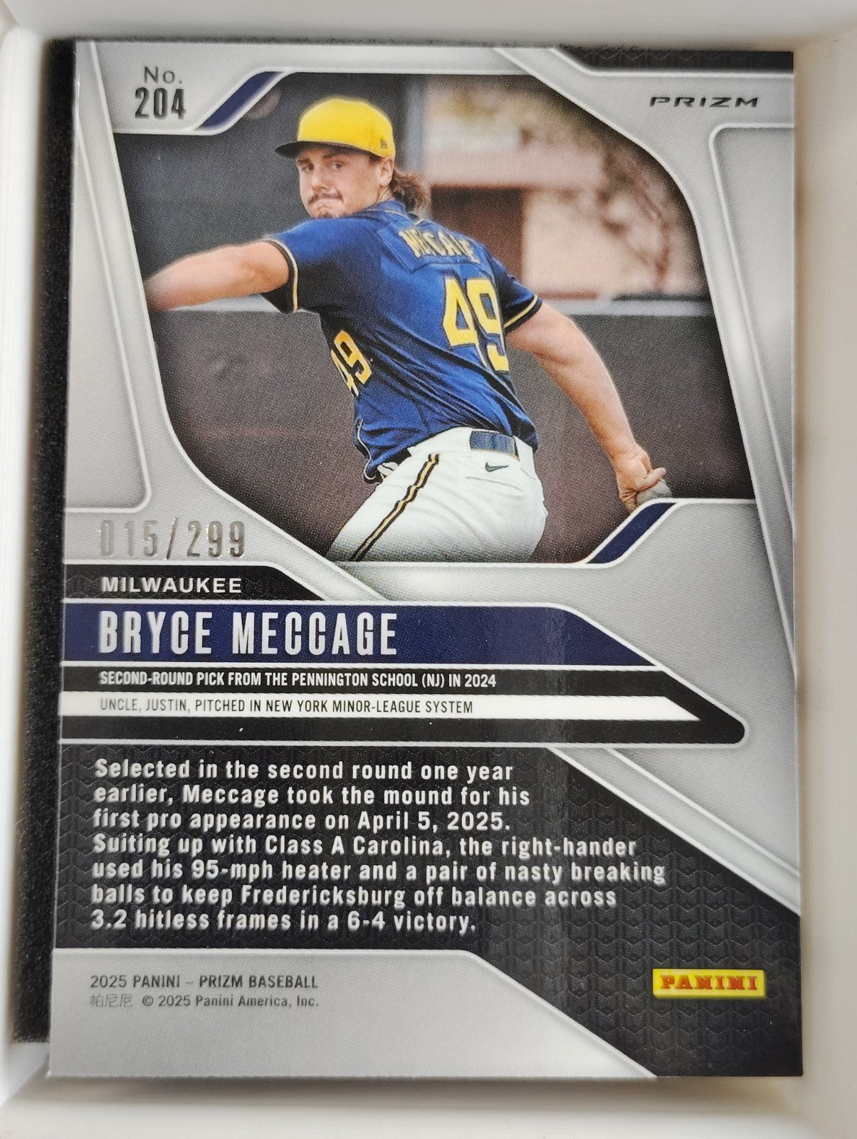 2025 Panini Prizm #204 Bryce Meccage 015/299 Red
