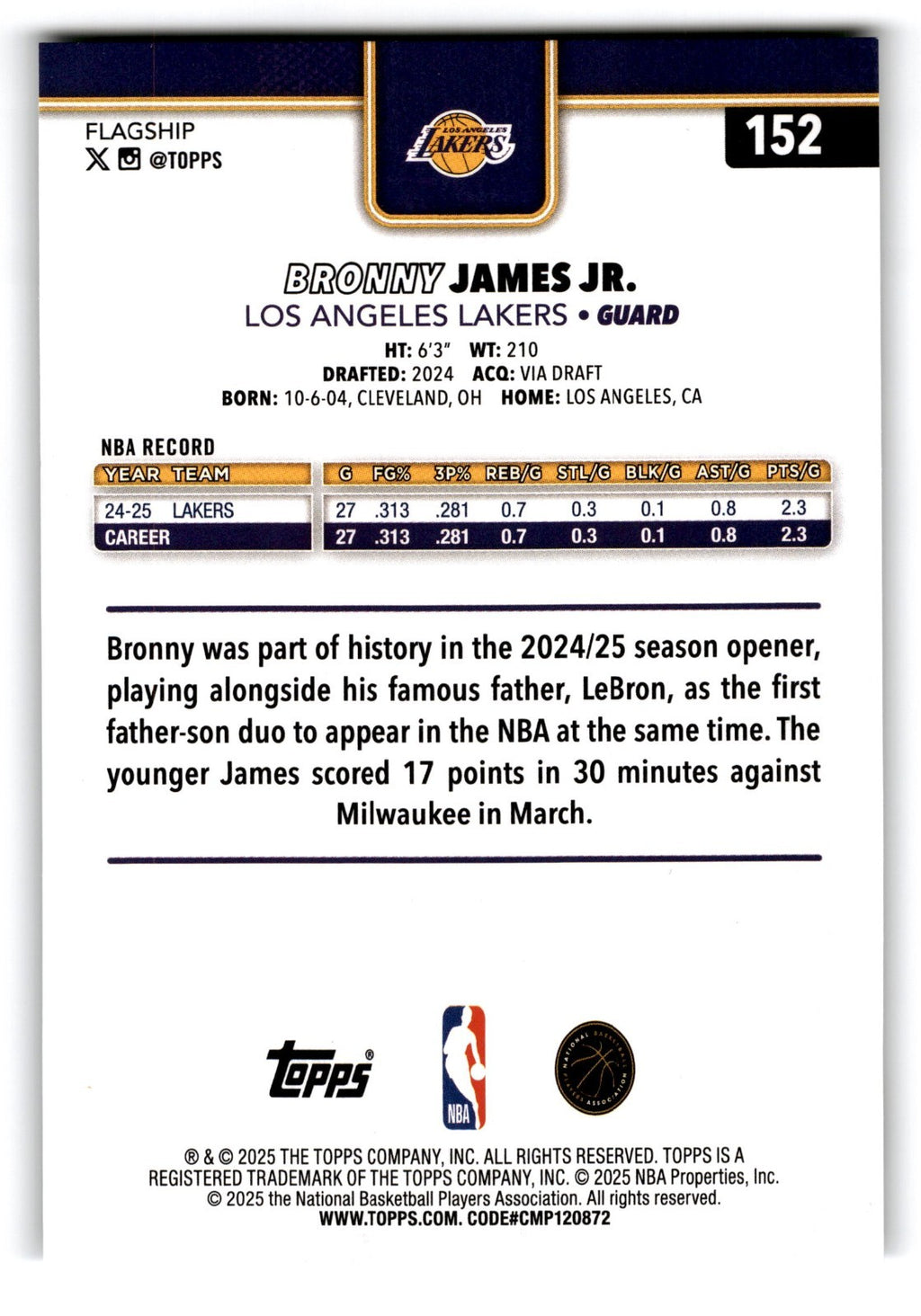 2025-26 Topps Bronny James JR #152 Logo Foil