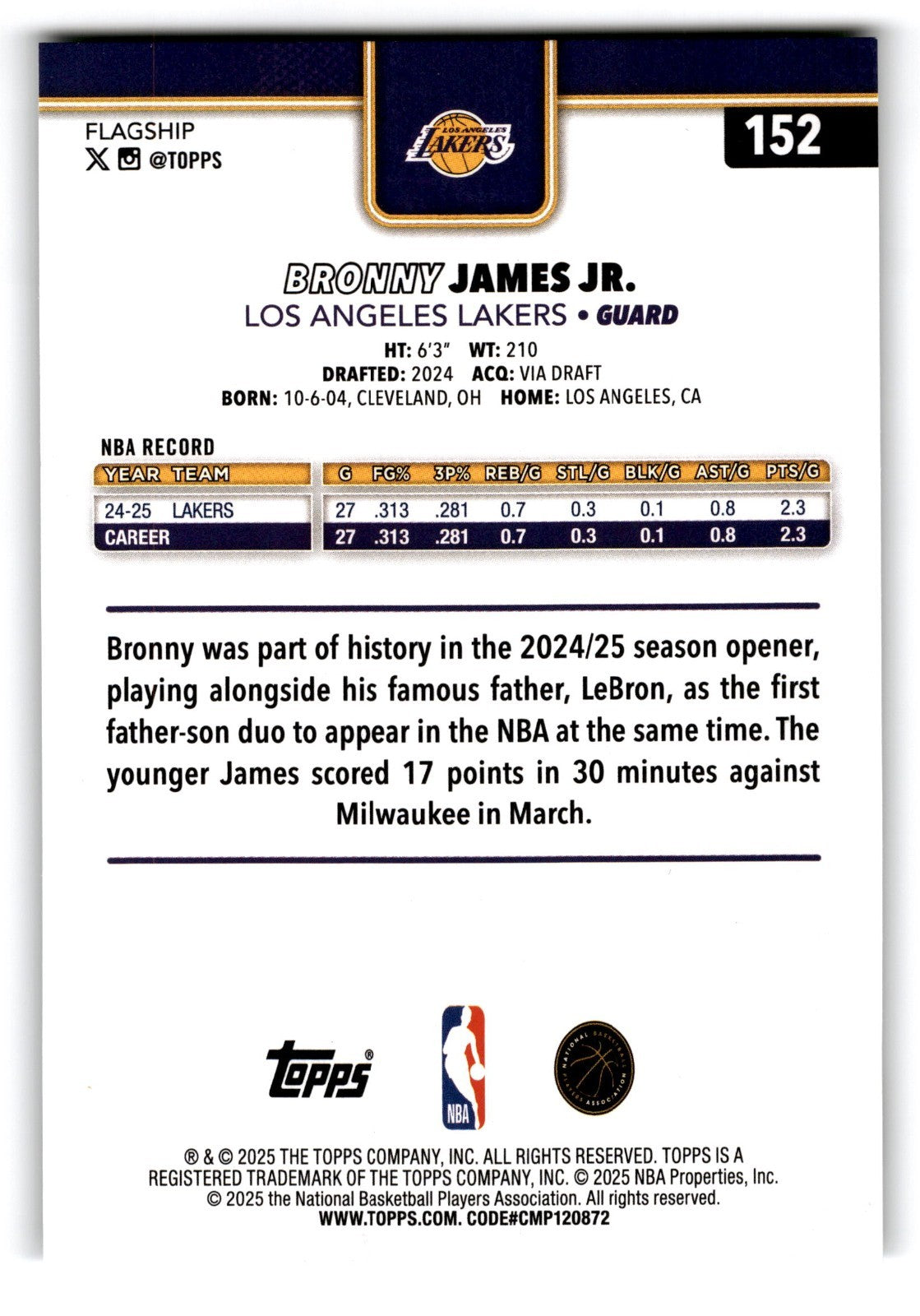 2025-26 Topps Bronny James JR #152 Logo Foil