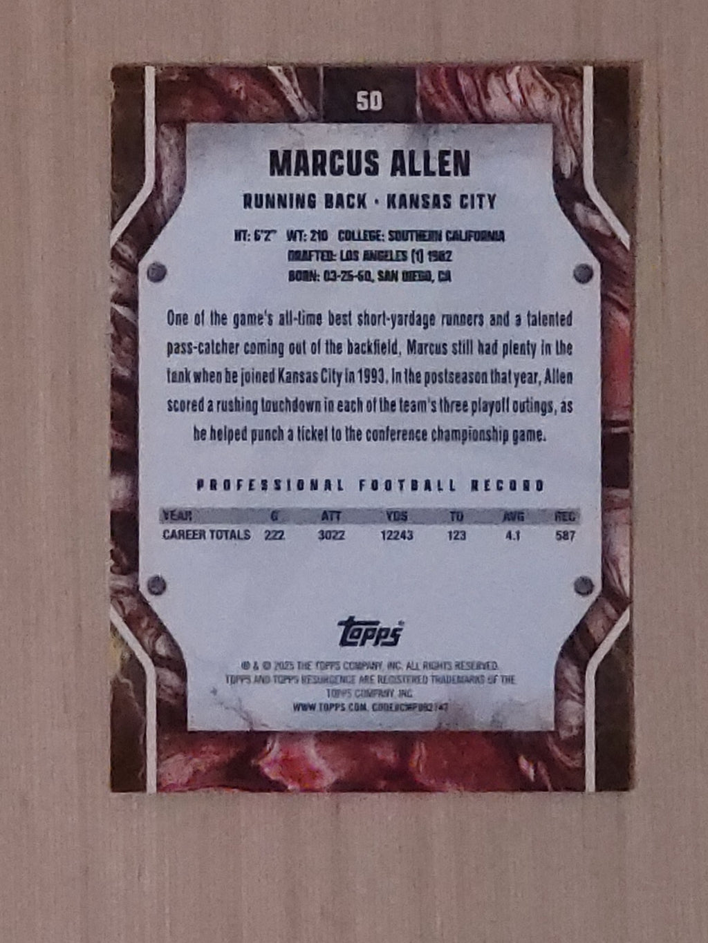 2025 Topps Resurgence #50 Marcus Allen Pink Laser