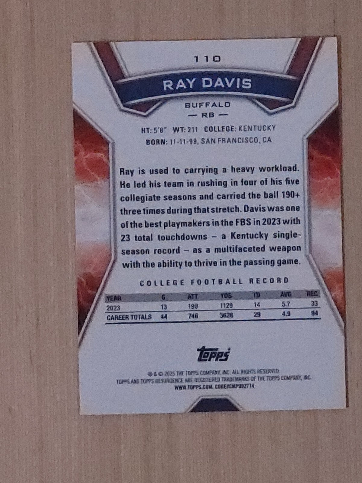 2025 Topps Resurgence Ray Davis #110 Hyper