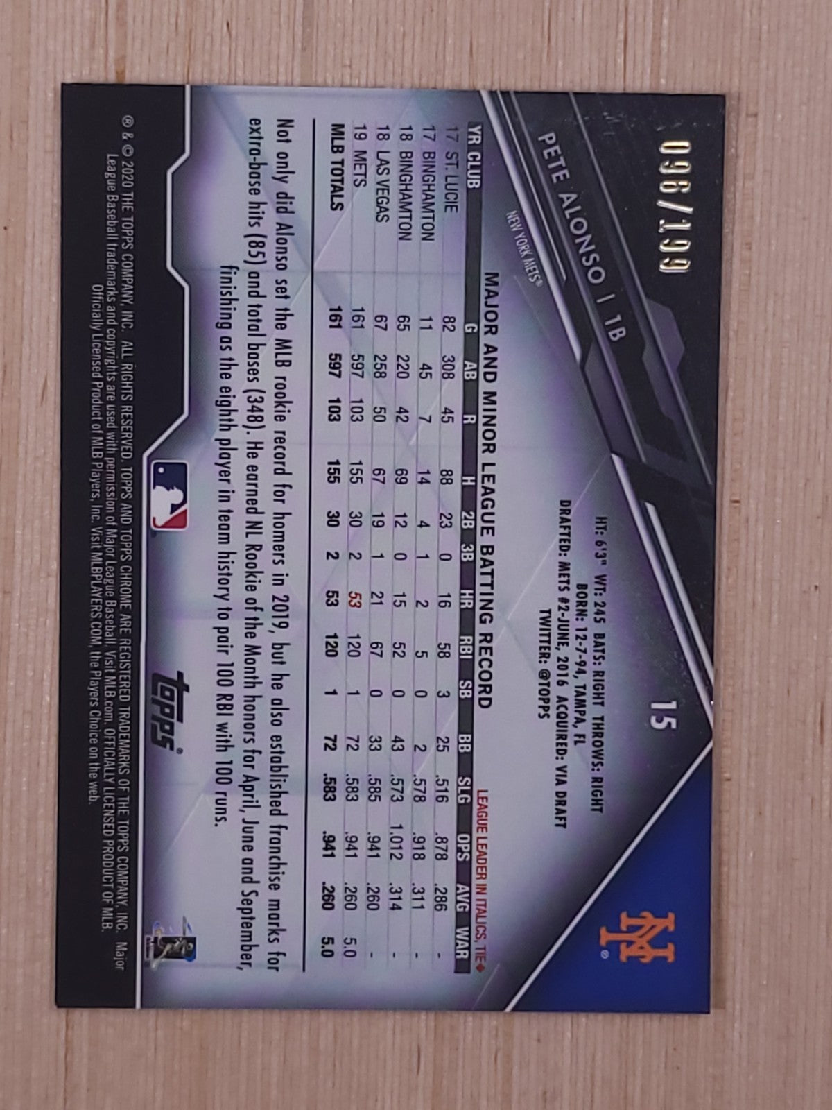 2020 Topps Chrome Black - Pete Alonso #15 Refractor 096/199