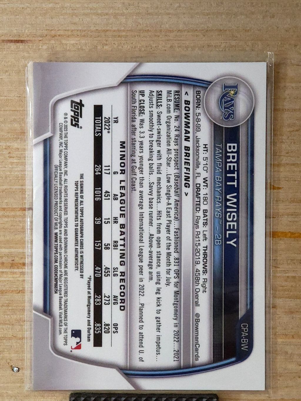 2023 Bowman Chrome - Prospect Autographs Brett Wisely #CPA-BW Speckle 063/299