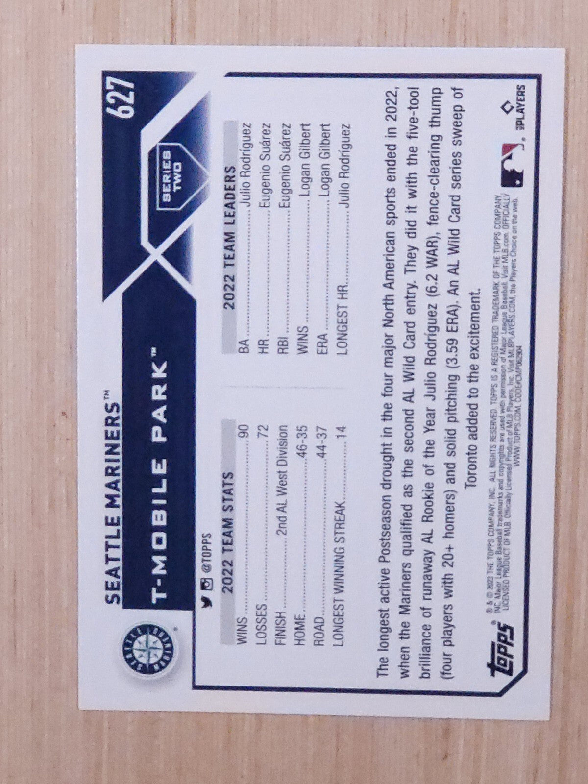 2023 Topps Series 2 - Seattle Mariners #627 Gold Foil