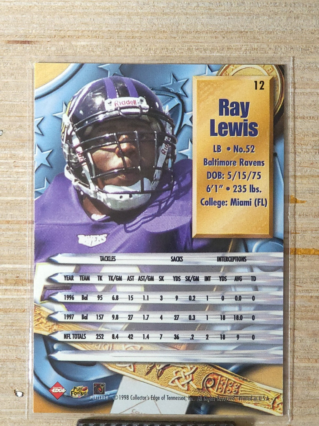 1998 Collector's Edge Supreme Season Review - Ray Lewis #12 Gold Ingot