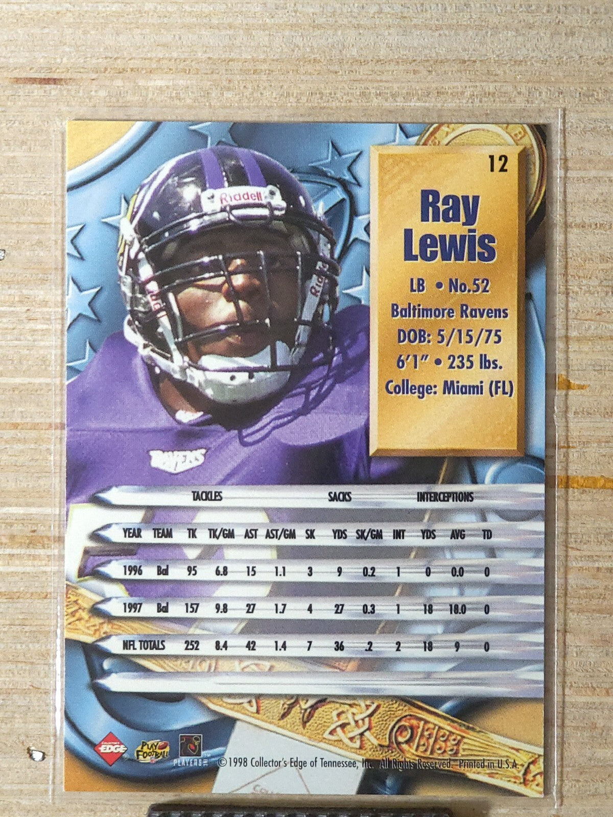 1998 Collector's Edge Supreme Season Review - Ray Lewis #12 Gold Ingot