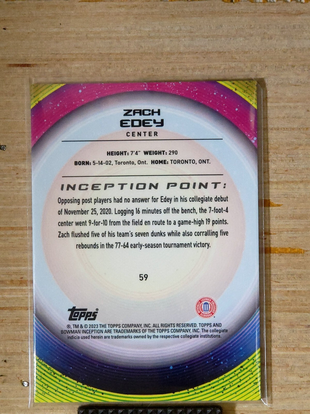 2022-23 Bowman Inception University - Zach Edey #59 Green Foil 009/199