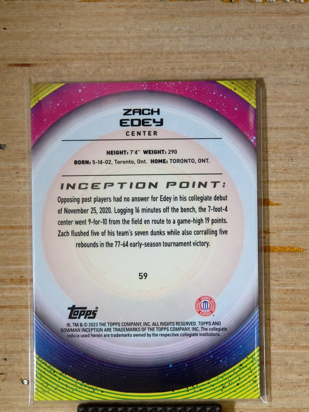 2022-23 Bowman Inception University - Zach Edey #59 Green Foil 009/199