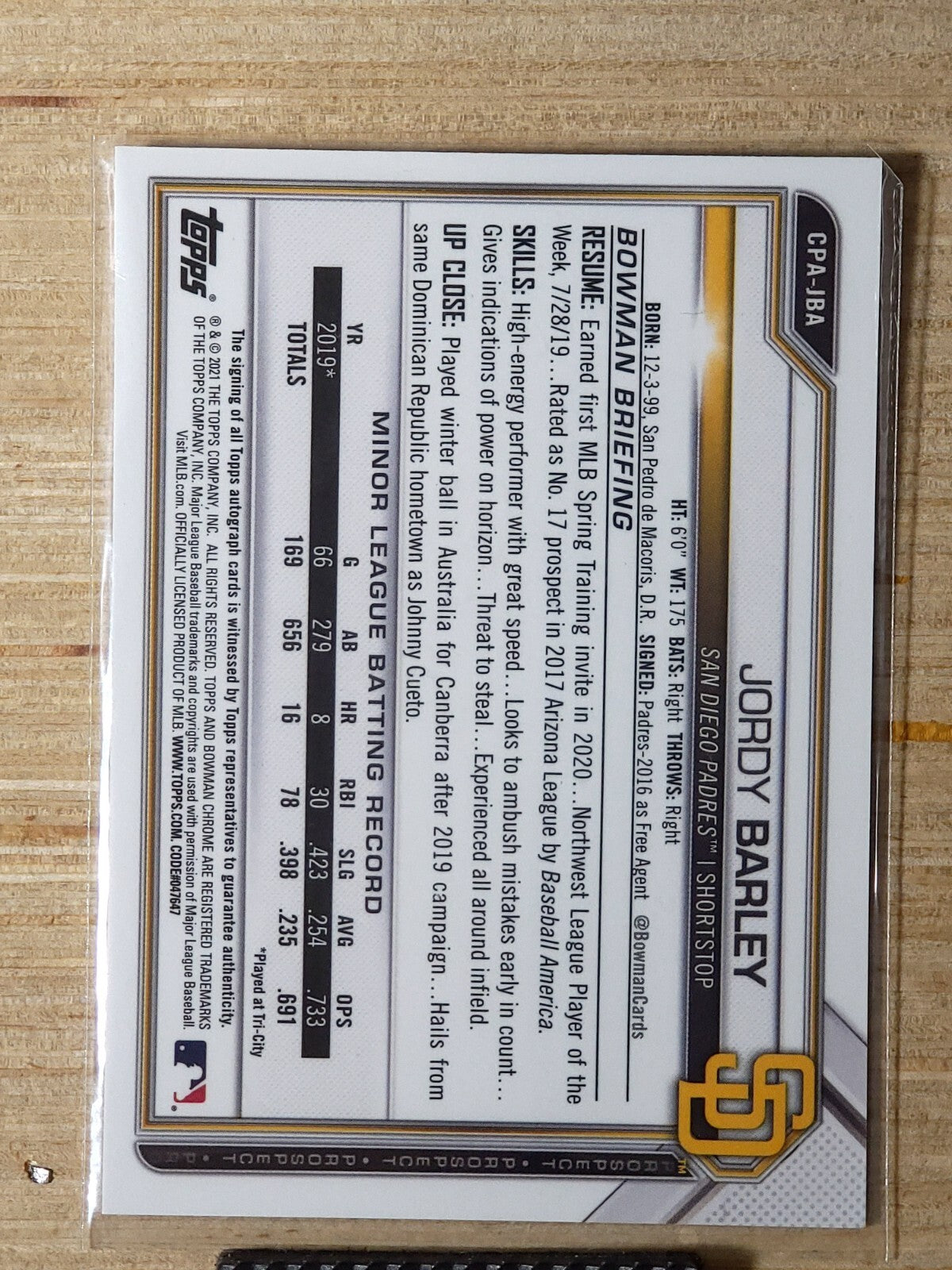 2021 Bowman Chrome - Prospect Autographs #CPA-JBA Jordy Barley