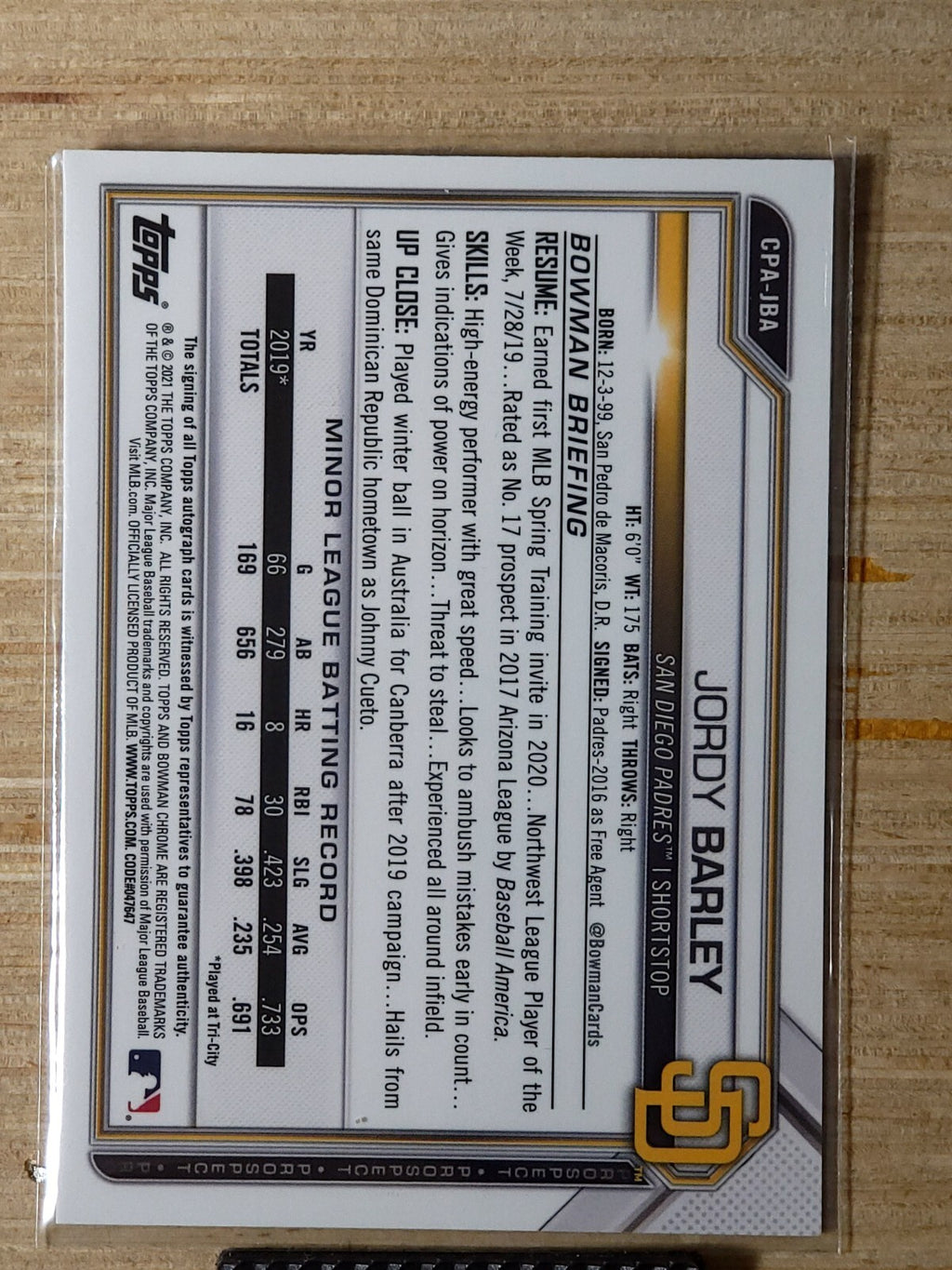 2021 Bowman Chrome - Prospect Autographs #CPA-JBA Jordy Barley Purple