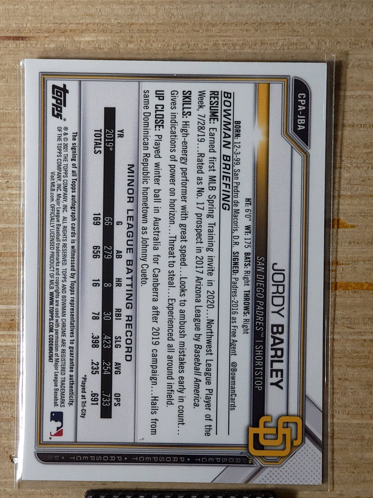 2021 Bowman Chrome - Prospect Autographs #CPA-JBA Jordy Barley Purple