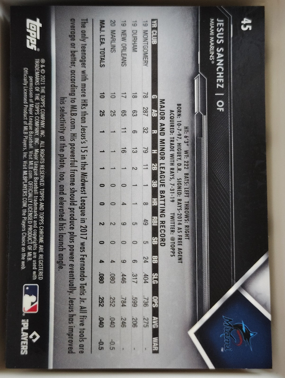 2021 Topps Chrome Black Jesus Sanchez #45