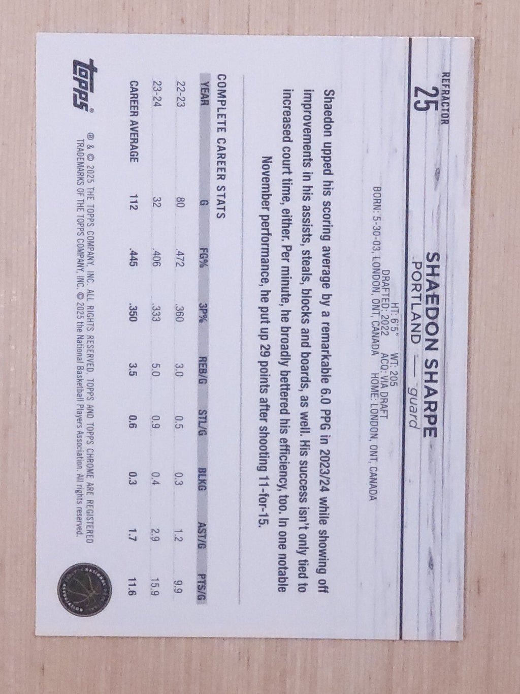 2024-25 Topps Chrome  - Shaedon Sharpe #25 Refractor