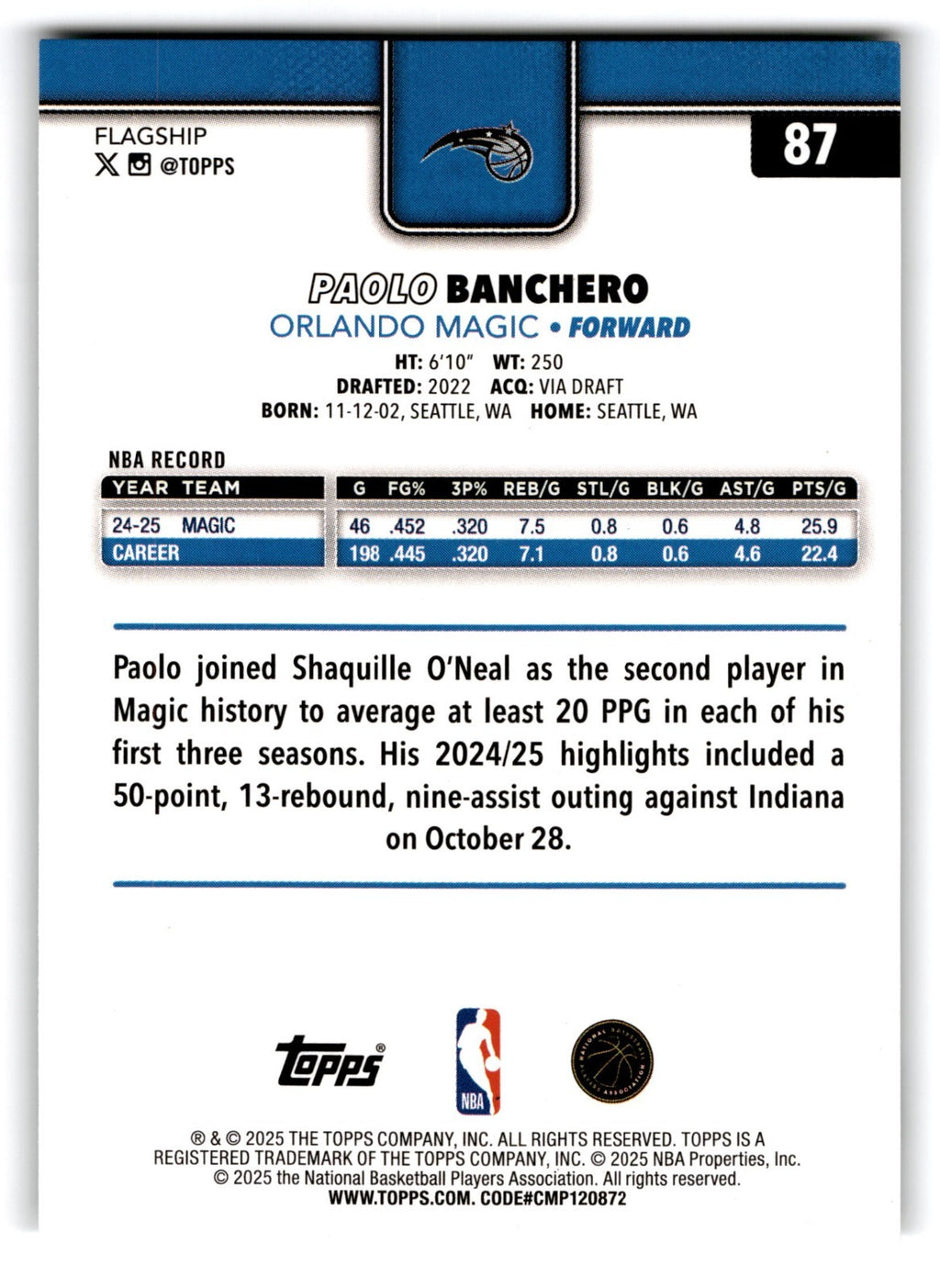 2025-26 Topps Paolo Banchero #87 Holofoil