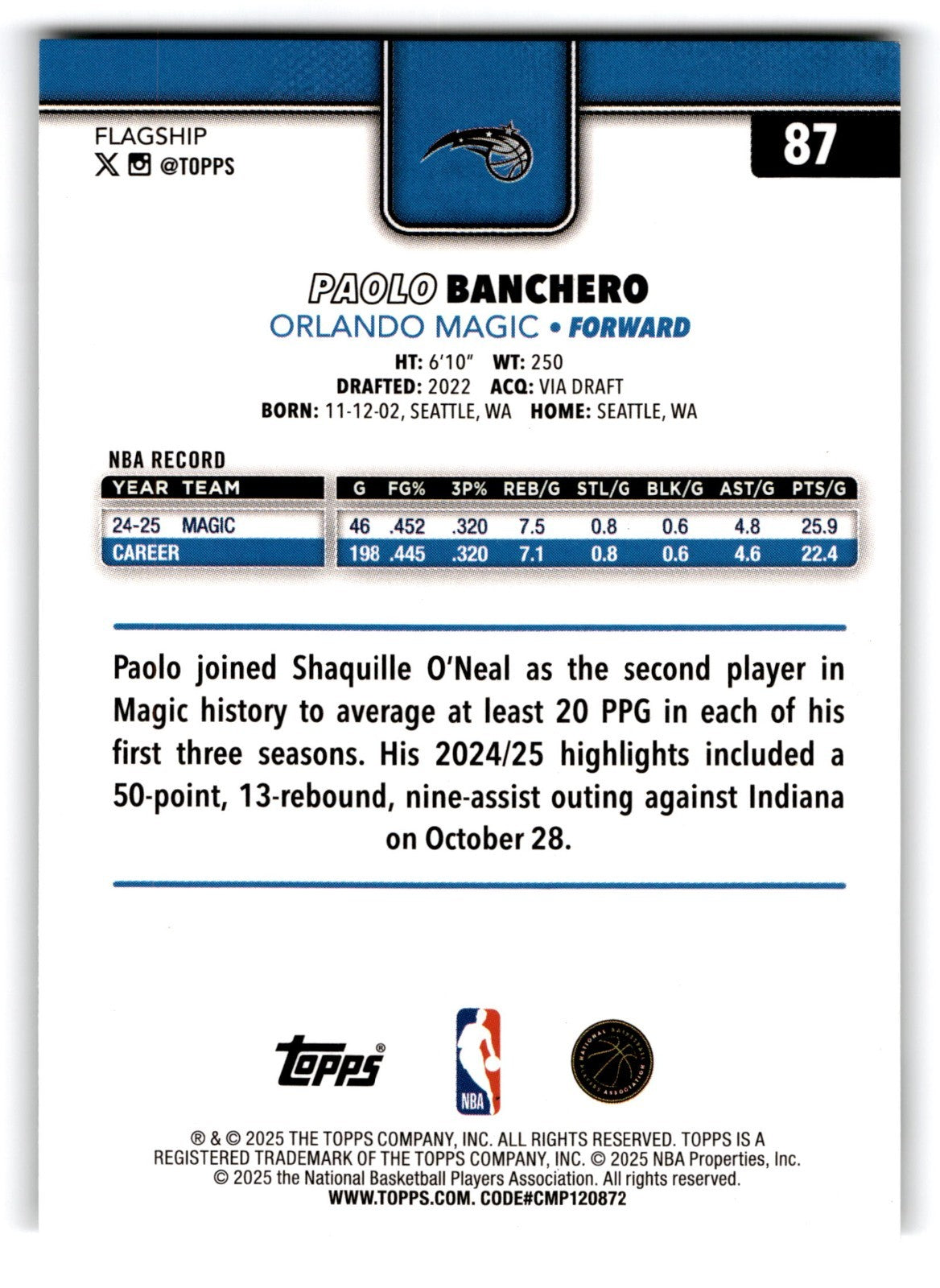 2025-26 Topps Paolo Banchero #87 Holofoil